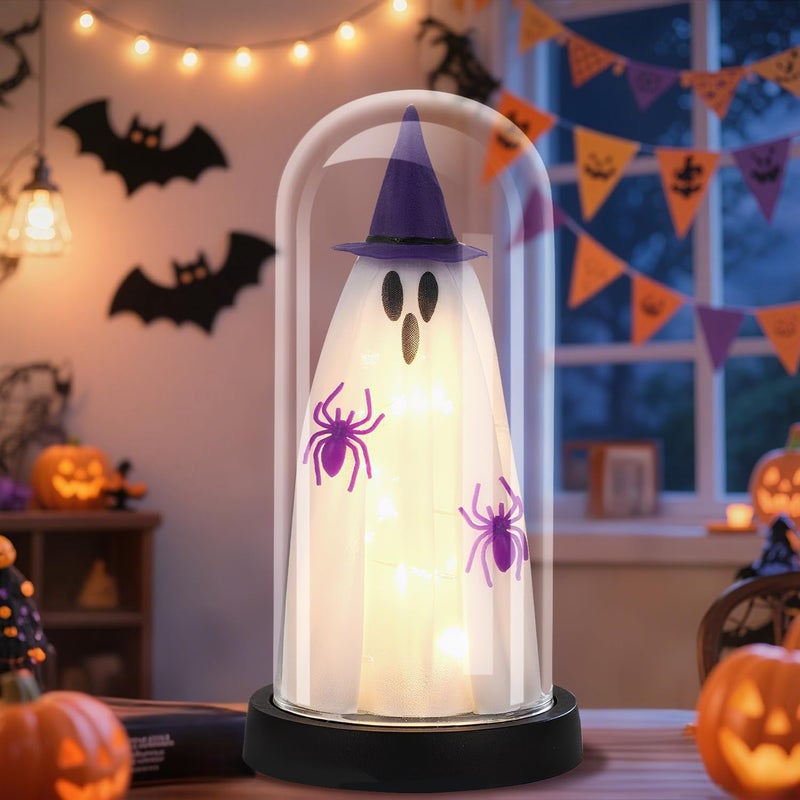 Tayfeim Halloween Decor-Halloween Decorations Indoor-Light Up Ghost in Glass Cloche-Cute Ghost with Light for Home Kitchen Mantel Tabletop Party Decor- Ghost-Purple - Image 1